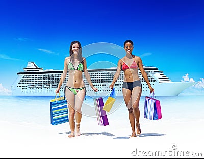 Women Bikini Shopping Bags Beach Summer Concept Stock Photo