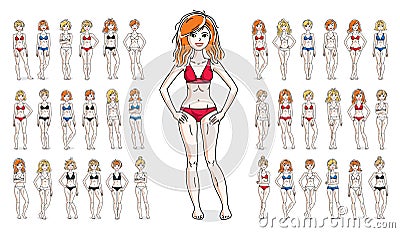 Women in bikini vector illustrations isolated on white background big set, attractive adult girls beautiful and slim curvy body Vector Illustration