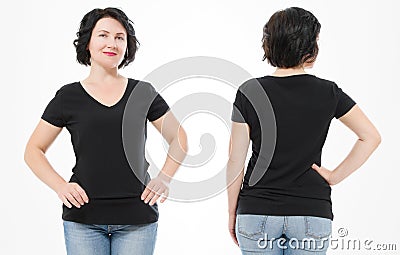 Women black blank t shirt, front and back rear view isolated on white background. Template shirt, copy space and mock up for print Stock Photo