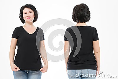 Women black blank t shirt, front and back rear view isolated on white background. Template shirt, copy space and mock up for print Stock Photo