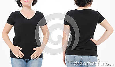 Women black blank t shirt, front and back rear view isolated on white background. Template shirt, copy space and mock up for print Stock Photo