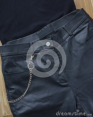 Women black trousers, made of natural leather, designed by Katerina Kvit Editorial Stock Photo