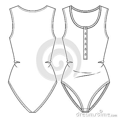 Women Sleeveless Henley front placket Bodysuit fashion flat sketch template. Technical Fashion Illustration. Vector Illustration