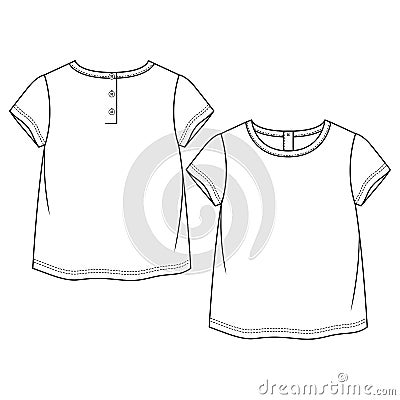 Baby Girls Short sleeves Basic tee fashion flat sketch template. Kids Girls t shirt Technical Fashion Illustration. Vector Illustration