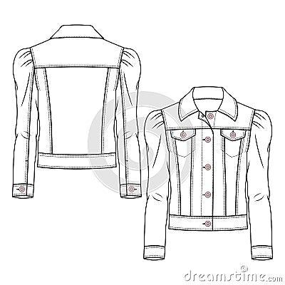 Girls Denim Jacket fashion flat sketch template. Teen Jeans Coat Technical Fashion Illustration. Woven CAD. Puffy Sleeves Vector Illustration