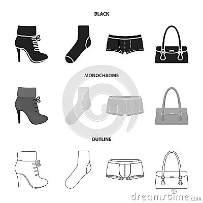 Women boots, socks, shorts, ladies bag. Clothing set collection icons in black,monochrome,outline style vector symbol Vector Illustration