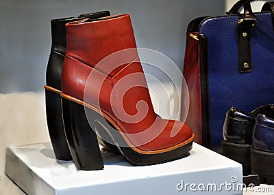 Women brown boots and leather bag Stock Photo