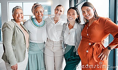 Women, business solidarity and team portrait in office, excited with support, pregnancy and care. Group, pregnant woman Stock Photo