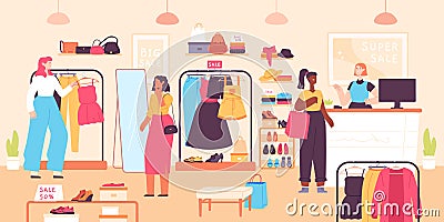 Women buying in boutique. Fashion clothes shop discount, vendor and shopping female consumers. Dress sales in apparel Vector Illustration