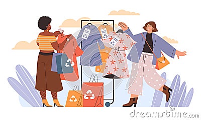 Women buying sustainable clothes with recycled symbol, flat vector illustration isolated on white background. Vector Illustration