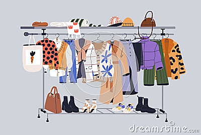 Women capsule wardrobe on racks. Fashion clothes on hanger rail. Autumn, winter apparels, shoes and accessories. Modern Vector Illustration