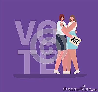 Women cartoons hugging with vote banner vector design Vector Illustration