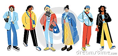 Women in casual modern clothes. Beautiful girls in outwears, urban trendy young ladies outfits, stylish teenagers models Vector Illustration