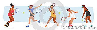 Women Characters Play Tennis, Displaying Remarkable Athleticism And Skill. They Compete Fiercely On Court Vector Illustration