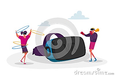 Women Characters in Vr Goggles Boxing Fighting and Exercising with Hoops. Virtual Reality Recreation Vector Illustration