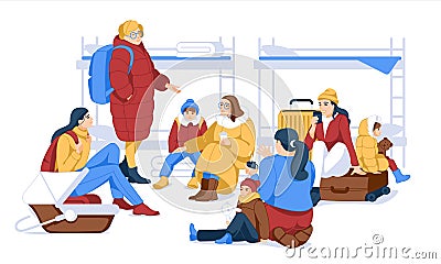 Women and children with luggage in a shelter for refugees. Vector Illustration