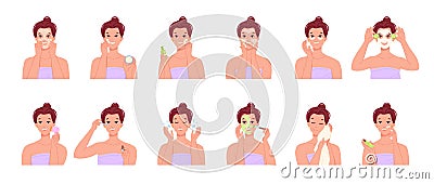 Women cleaning skin. Woman face purity, steps facial clean, skincare infographic, healthy feminine beauty tonic oilwash Vector Illustration