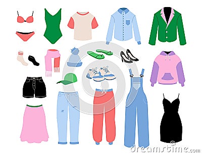 Women clothes. Cartoon fashion girls and adult seasonal outfits. Skirt and shirt. Bright pants or shoes. Casual and business Vector Illustration