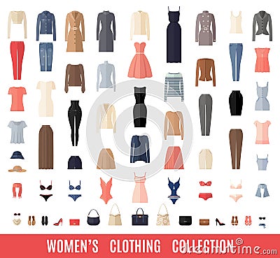 Women Clothes Icons Set in Flat style. Vector Illustration