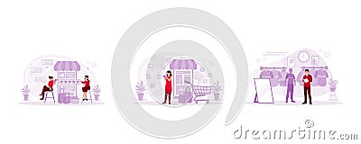 Women clothing shop owners look at sales ratings in online stores, shop using smartphones, and retail sales managers check stock Vector Illustration