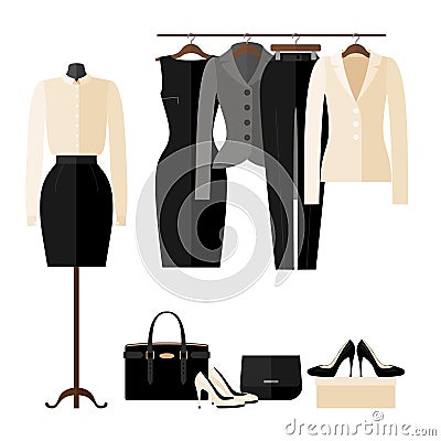 Women Clothing store interior with business clothes in flat style. Vector Illustration