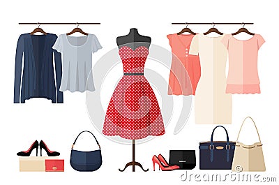Women Clothing store interior in flat style isolated on white. Vector Illustration