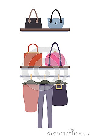 Women Clothing Store Vector Trousers Skirts, Racks Vector Illustration