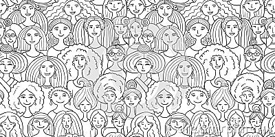 Women community. Big female family. Group of pretty girls. Team of girls. Colouring page. Seamless pattern background Vector Illustration