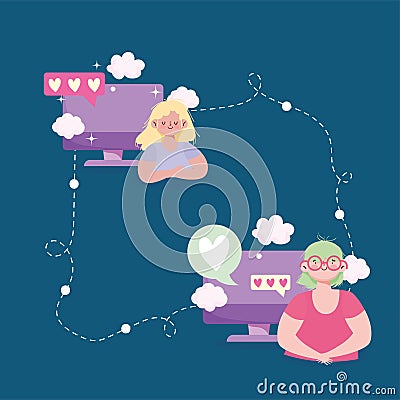women computer connected Vector Illustration