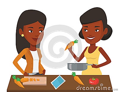 Women cooking healthy vegetable meal. Vector Illustration
