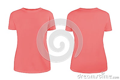 Women coral blank T-shirt template,from two sides, natural shape on invisible mannequin, for your design mockup for print, isolate Stock Photo