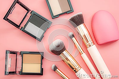 Women cosmetics and fashion, makeup artist kit and applying face blush concept theme with blusher application brush set, facial Stock Photo