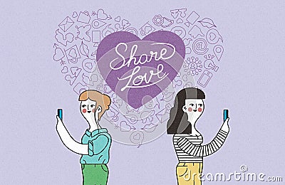 Women couple on phone internet love illustration Vector Illustration