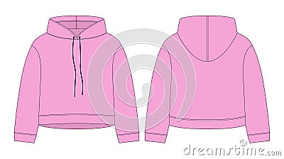 Women crop hoodie technical sketch. Pink color. CAD mockup template hoody Vector Illustration