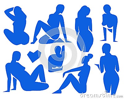 Women cut out figures Matisse inspired.Contemporary silhouette shapes, hand drawn blue females.Flat beautiful lady poses.Fashion Vector Illustration