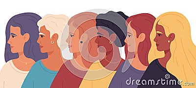 Women day. Female profile portraits, sisterhood diverse group, women empowerment movement vector illustration. Women Vector Illustration