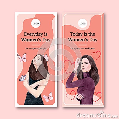 Women day flyer design with butterfly, heart, women watercolor illustration Cartoon Illustration