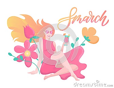 Women Day textured illustration. Lettering quote 8 march. Smiling Young woman in pink dress with cocktail in her hands sits among Stock Photo