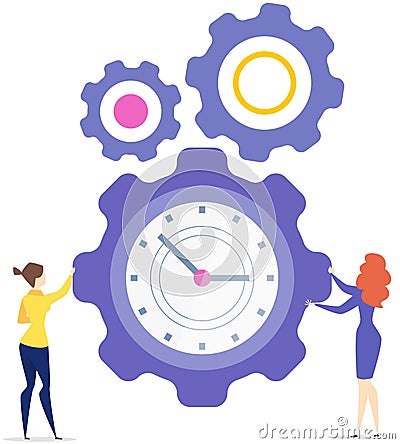 Women dealing with time management, deadline, settings, maintenance. People near gears and clocks Vector Illustration