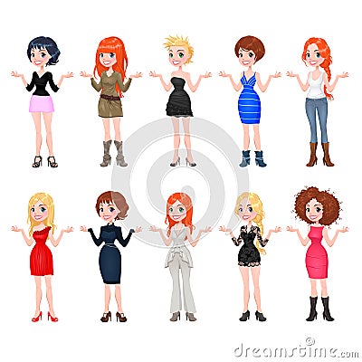 Women With Different Dresses, Clothes And Shoes. Stock Vector - Image