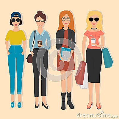 Women in different fashionable clothes. Vector Illustration