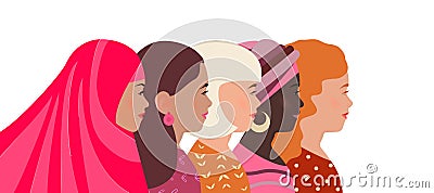 Women of different nationalities, faith and skin color together. Greeting card, banner International Womens Day. Struggle for Vector Illustration