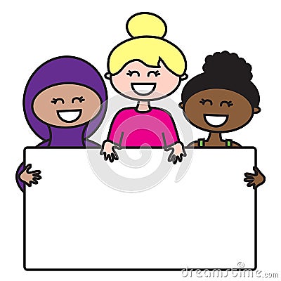 Women of different race with a sign. Friendship of Peoples. Vector Illustration