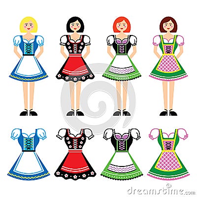 Women in Dirndl - traditional dress worn in Germany and Austria icons set Stock Photo