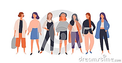 Women diverse group flat vector illustration. Young female characters standing isolated on white. Model, student Vector Illustration