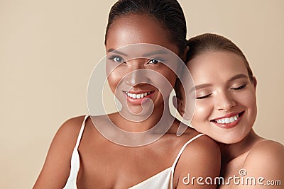 Women. Diversity Beauty Portrait. Ethnic Female With Nude Makeup And Smooth Hydrated Skin. Smiling Caucasian Girl With Closed Eyes Stock Photo