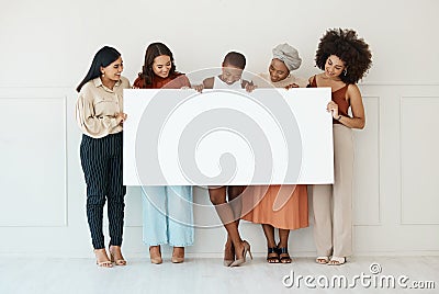 Women, diversity and poster with space for billboard, mockup or advertising on board. Strong and happy entrepreneur Stock Photo