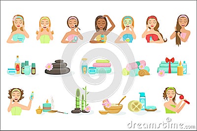 Women Doing Beautifying Hair And Skin Spa Procedures Vector Illustration