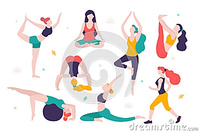 Women doing sports. Different poses of yoga, exercises for healthy lifestyle. Slim girls vector flat illustration Vector Illustration