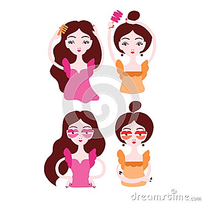 Women doing their hair, brushing hair. Cartoon Illustration